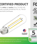 Six Pack Dusk To Dawn T10 Tubular LED Filament Bulbs, 5W 40W Equivalent, E26 Base, with certification icons and warranty