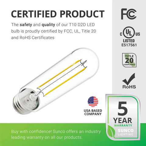 Six Pack Dusk To Dawn T10 Tubular LED Filament Bulbs, 5W 40W Equivalent, E26 Base, with certification icons and warranty