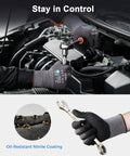 Mechanic using Safety Work Gloves MicroFoam Nitrile Coated Seamless Knit Nylon, 12 Pairs Pack, in automotive repair