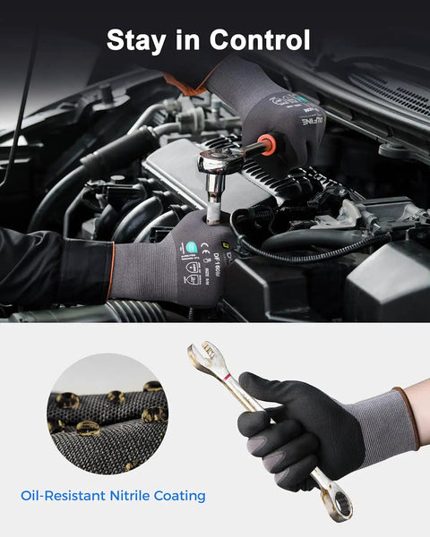 Mechanic using Safety Work Gloves MicroFoam Nitrile Coated Seamless Knit Nylon, 12 Pairs Pack, in automotive repair