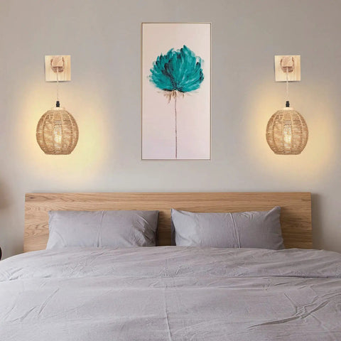 Bedroom with Rustic Farmhouse Globe Wall Sconce With Wooden Holder Vintage Lantern Lampshade For Cozy Boho Vibe Bedroom Lighting Indoor Wall Mount Light Paper Rope Modern Style Retro Wall Fixture Bulb Not Included on each side of bed