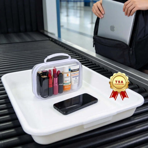 Chill About Packing With These Big Time Clear Hard Shell Zipper Storage Cases Featuring Deep Capacity Organizer Pouches. Clear travel case with cosmetics and skincare items.
