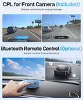 A229 Ultra Dual 4K Dash Cam with CPL filter comparison and Bluetooth remote on dashboard for better capture control.