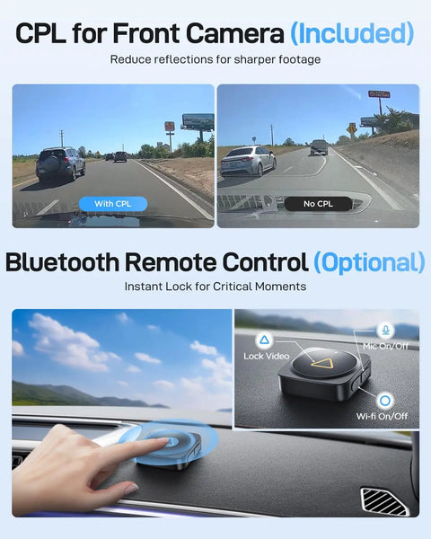 A229 Ultra Dual 4K Dash Cam with CPL filter comparison and Bluetooth remote on dashboard for better capture control.