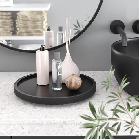 Dope Lazy Susan Organizer For Kitchen Cabinets And Pantry Bamboo Turntable Rotating Tray on bathroom counter
