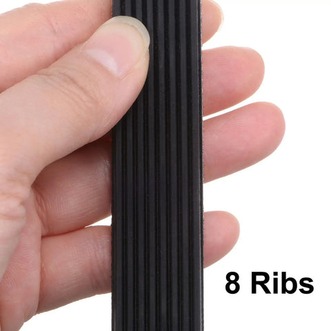 Close-up of V Ribbed Belt 125J8 8 Ribs 12.5 Inch Length 0.74 Inch Width 0.14 Inch Thick EPDM Poly V Drive Belt held by hand