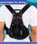 Person wearing Adjustable Scuba Tank Backpack with Anti Skid Design, lightweight diving gear carrier for underwater explorers.