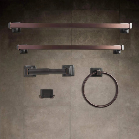 Built Tough Oil Rubbed Bronze Bathroom Hardware Set Wall Mounted Five Piece Kit with robe hook and two towel bars shown