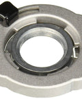 Close-up of RA1129 Two Piece Quick Change Router Template Guide Adapter Kit for Threaded Guides on a Bosch router base.