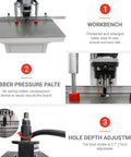 EQCOTWEA pneumatic hinge boring insertion machine front on a workbench with depth adjustment and rubber pressure plate