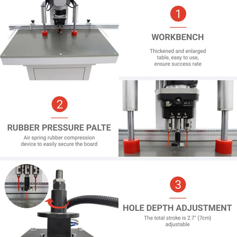 EQCOTWEA pneumatic hinge boring insertion machine front on a workbench with depth adjustment and rubber pressure plate