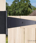 10 Inch T Strap Gate Hinges Heavy Duty Shed Barn Door Hinges Black Tee Hinges for Wooden Fence and Yard Gate installed on wood