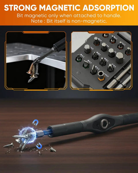 Close-up of All In One Magnetic Screwdriver Set Saker 66 In 1 Portable Ratcheting Kit showcasing magnetic bit functionality