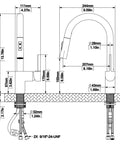 Diagram of Gold Brushed Kitchen Faucet with Pull Down Sprayer, dimensions and installation details