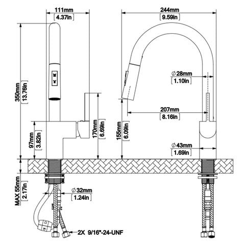 Diagram of Gold Brushed Kitchen Faucet with Pull Down Sprayer, dimensions and installation details