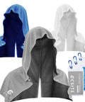 3 Pack Cooling Hoodie Towels For Neck And Face With UPF 50 Sun Protection And Instant Cooling Ice Towels in blue, grey, and white.