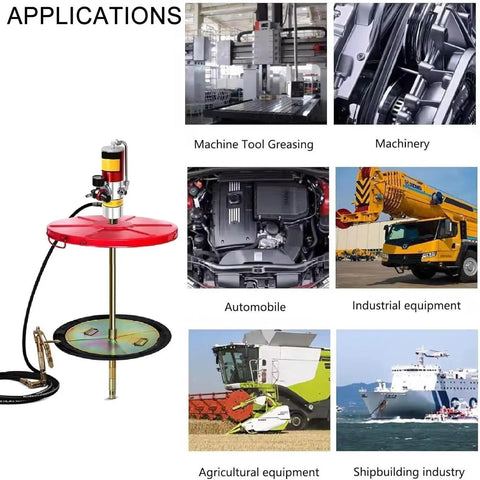 Heavy Duty Pneumatic Grease Pump For 20 To 55 Gallon Drums With Extended Rod And High Pressure Air Action used in various applications like automotive, industrial, and shipbuilding.