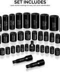 Master Impact Socket Set for Three Eighths Inch and One Half Inch Drives, 38 Piece, SAE and Metric Sizes, Cr-V Steel, laser markings