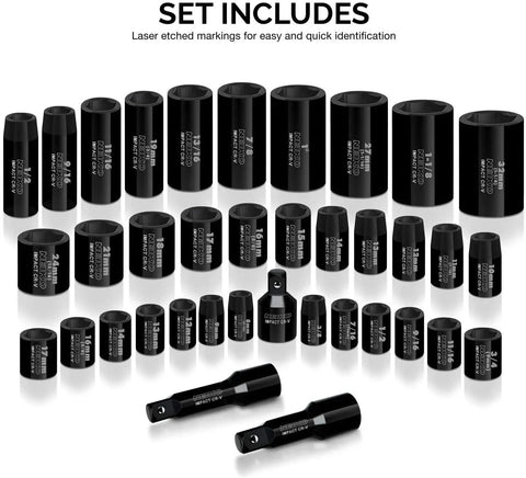 Master Impact Socket Set for Three Eighths Inch and One Half Inch Drives, 38 Piece, SAE and Metric Sizes, Cr-V Steel, laser markings