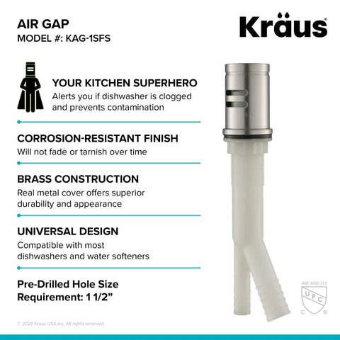 Dishwasher Air Gap Kit in Spot Free All-Brite Stainless Steel Keeps Your Dishes From Backing Up, Prevents Wastewater Contamination, Easy Install, 9 Inch Overall Height, Includes Air Gap Kit, Model KAG-1SFS with features description