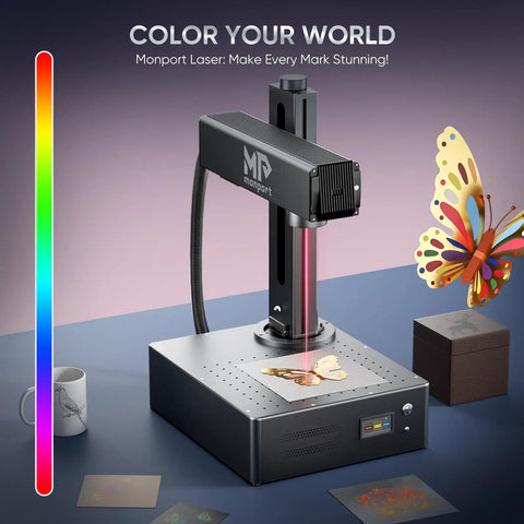 Auto Focus 60W MOPA Fiber Laser Engraver Pro Grade With 3D Deep Engraving 6 Point 9 By 6 Point 9 Inch Work Area Metal Color Marking Machine For Aluminum Steel Gold And More with butterfly engraving.