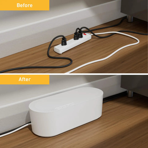 Before and after using White Cable Management Box For Power Strips Up To 10.5 Inches, Floor Outlet Hideaway And Desk Cord Organizer