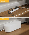 Before and after view of a Large White Cable Management Box For Power Strips And Cords, Floor Outlet Hideaway, showing tidy storage solution.