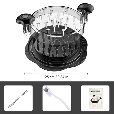 Large Chicken Shredder Tool With Twist, Brush And Fork, Visible Meat Shredder Machine with transparent lid and ergonomic handle.