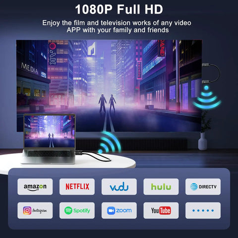 Wireless HDMI Transmitter And Receiver Kit With 4K Decode And 1080P Output streaming from laptop to TV with app icons displayed