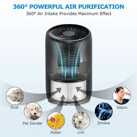 Diagram of air purifier showcasing 360° filtration, eliminating dust, pollen, pet dander, odors, and smoke with 3-in-1 system.