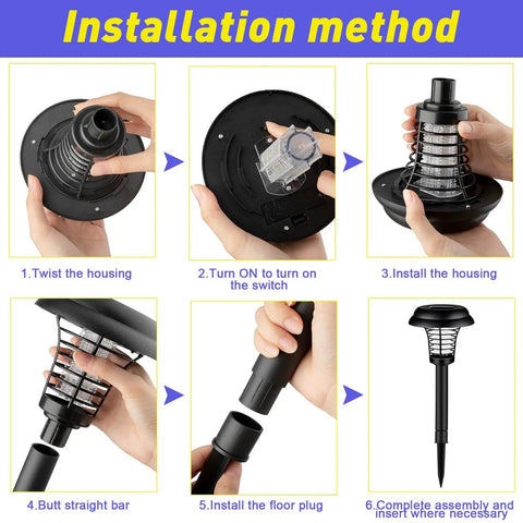 4 Pack Solar Bug Zapper Lights Waterproof Mosquito Killer Outdoor Bug Zappers installation steps shown with hands.