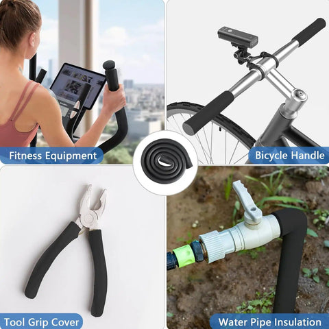 Pipe Insulation Foam Tube Three Eighths Inch ID One Inch OD Approximately One Meter Long For DIY Projects visible in fitness equipment, bicycle handle, tool grip cover, and water pipe insulation uses.
