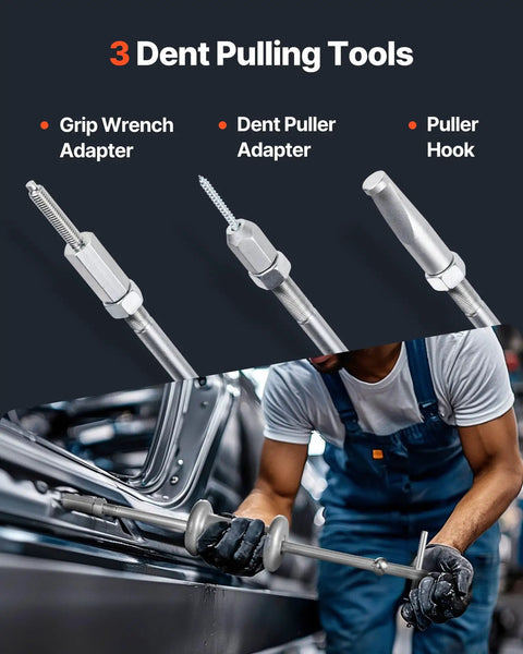 9-Way Slide Hammer Puller Set 15 Piece Car Repair Toolkit includes grip wrench adapter, dent puller adapter, puller hook