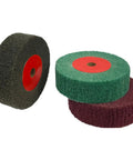 Three Pack 4 Inch Bench Grinder Polishing Wheels Set With 320 600 800 Grit Tight Weave Burnishing Nylon Flap Wheels For Refurbishing Golf Clubs Metal Copper 1.2 Inch Thickness Half Inch Arbor showing green, red, and brown wheels