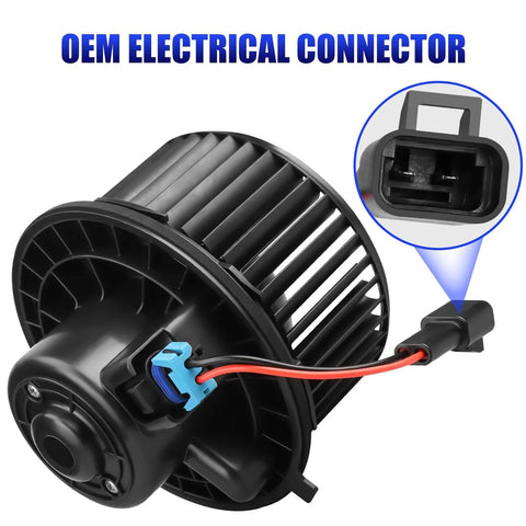 Front HVAC Blower Motor With Fan Replacement For 2007 2014 Chevy Silverado 1500 2500 3500 Suburban Tahoe Avalanche GMC Sierra Yukon Cadillac Escalade Easy Install Direct Swap with OEM electrical connector.