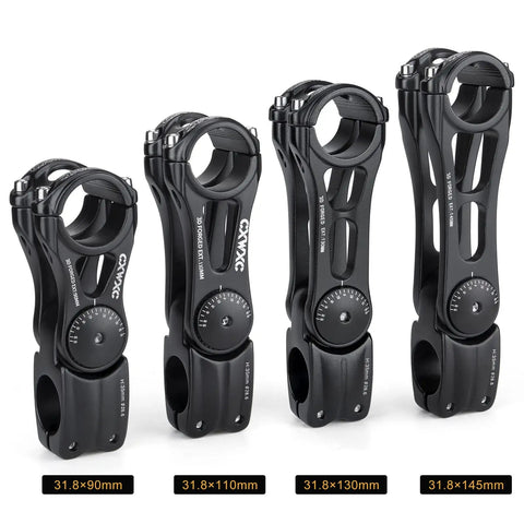 Four adjustable MTB stem 31.8mm 70 degree risers for handlebar, shown in lengths 90, 110, 130, 145mm, aluminum alloy bike stem extender