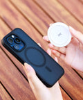 2.2 Inch Magnetic Selfie Mirror For Rear Camera Wide Angle Convex Lens On Iphone 17 Air 16 15 14 13 12 Series Magnetic Ring Adapter held with phone.