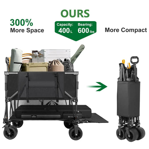 Double Decker Wagon With 600Lb Total Capacity And 400L Collapsible Utility Cart showing open and folded views with camping gear.