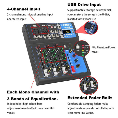 4 Channel DJ Mixer Board With Bluetooth USB Audio Interface And 48V Phantom Power, close-up on channel controls and inputs.