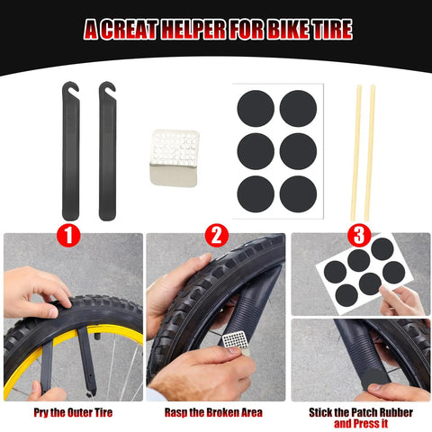 Portable 28 Piece Bike Tool Kit With Magnetic One Quarter Inch Torque Wrench And Ratchet Screwdriver Set For Mountain Road And Electric Bikes Includes Tire Patch Kit mini pump and levers compact bicycle repair kit, tire levers, patch application steps