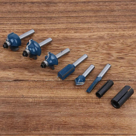 Top Tier Alloy Steel Router Bit Set With 8 Essential Pieces For Smooth Woodworking Milling And Precision Carving Tasks Using 1/4 Inch Shank Design For Pro Shop Results, 8 pieces on wooden surface.
