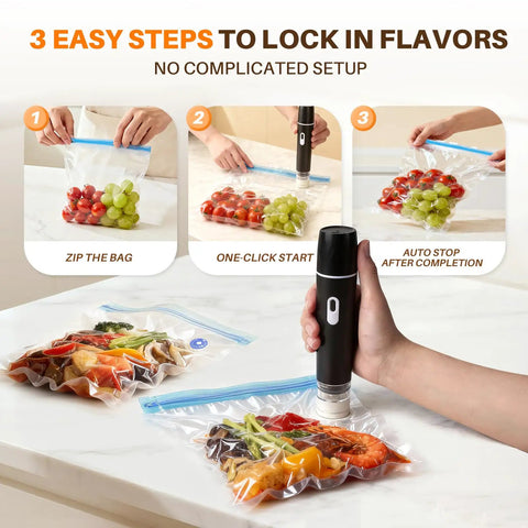 Compact Handheld Vacuum Sealer For Food Storage And Meal Prep, Cordless Portable Sealing System With 10 Reusable Bags in use