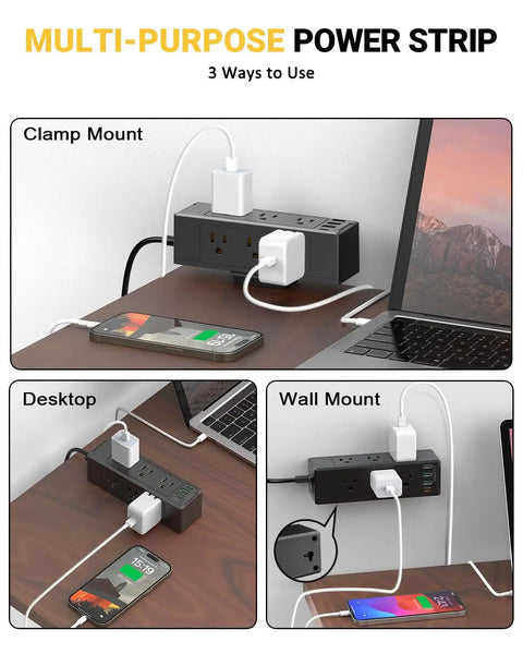 Multi-purpose desk clamp power strip with USB-C and USB ports, 9 AC outlets and surge protector in clamp, desktop, and wall mount.