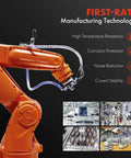 Orange robotic arm with hose in manufacturing facility; text highlights high temperature resistance, corrosion protection, noise reduction.