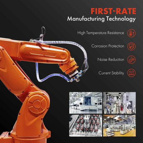 Orange robotic arm with hose in manufacturing facility; text highlights high temperature resistance, corrosion protection, noise reduction.