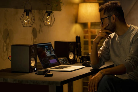 Man in home studio with HS4 Black Powered Studio Monitors Pair With 4.5 Inch Woofer And 1 Inch Dome Tweeter 60 Hz To 22 kHz 26W Output