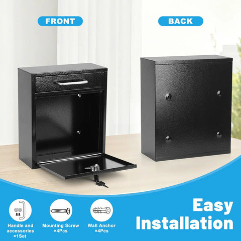 Front and back view of black outdoor steel key lock mailbox with wall mount, secure drop box for home or office, 12H x 10.51L x 4.68W.