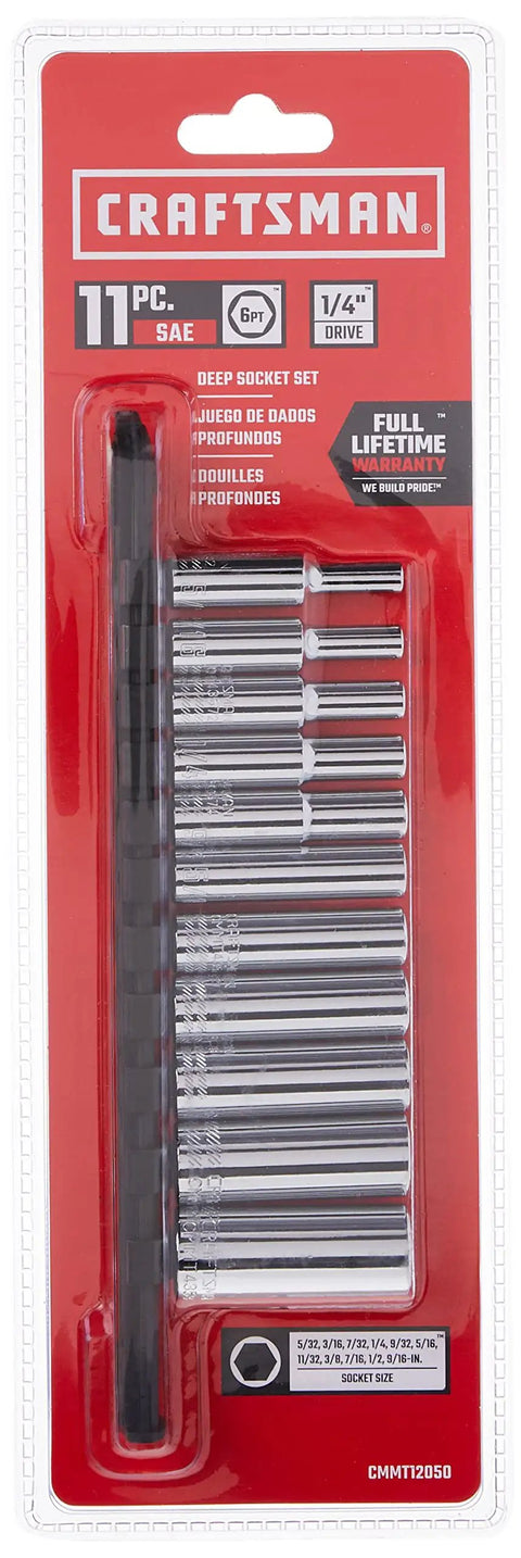 SAE Socket Set For One Quarter Inch Drive, 6 Point Deep Sockets, 11 Piece Chrome Finish, Corrosion Resistant, Easy Size Markings