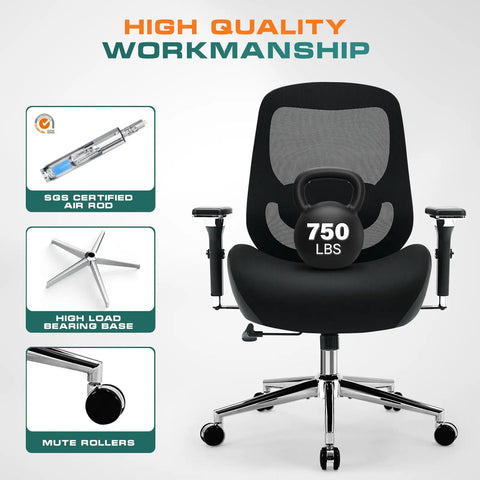 Heavy Duty 750Lb Big And Tall Office Chair with breathable mesh back and 4D armrests, showcasing high-quality craftsmanship.