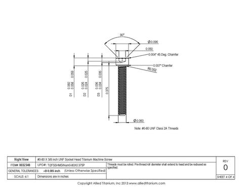 Technical drawing of Socket Head Titanium Machine Screw 0-80 UNF, 3/8 Inch, Grade 2 CP, Pack Of 25, detailed dimensions and specifications.